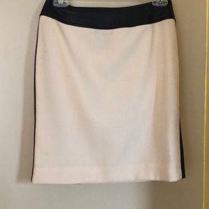 INC PETITE IVORY WOOL AND BKACK LEATHER SKIRT